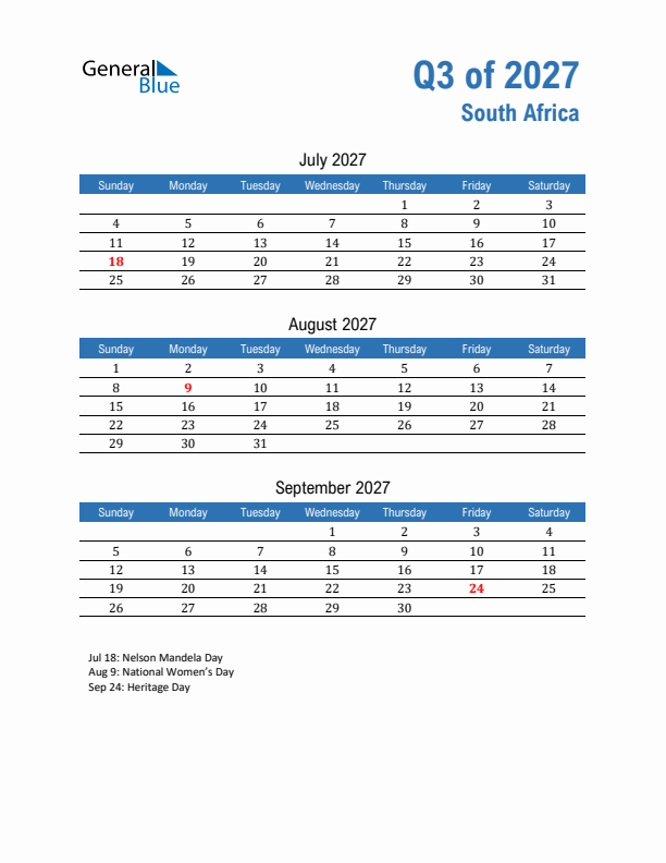 South Africa 2027 Quarterly Calendar with Sunday Start