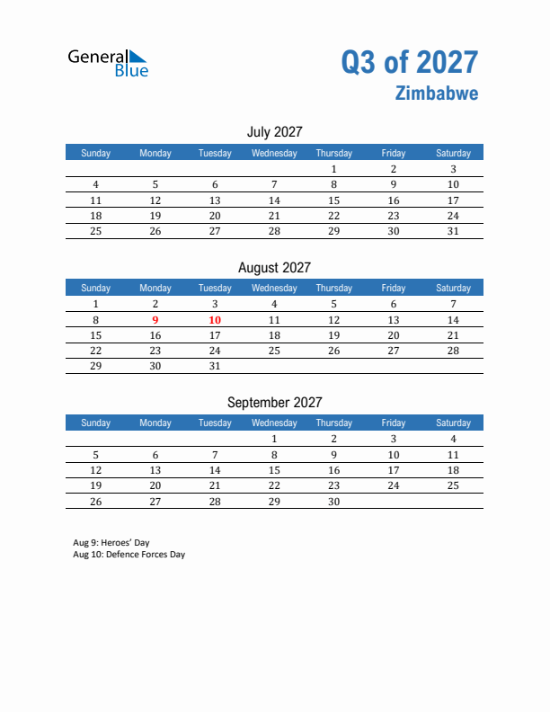 Zimbabwe 2027 Quarterly Calendar with Sunday Start