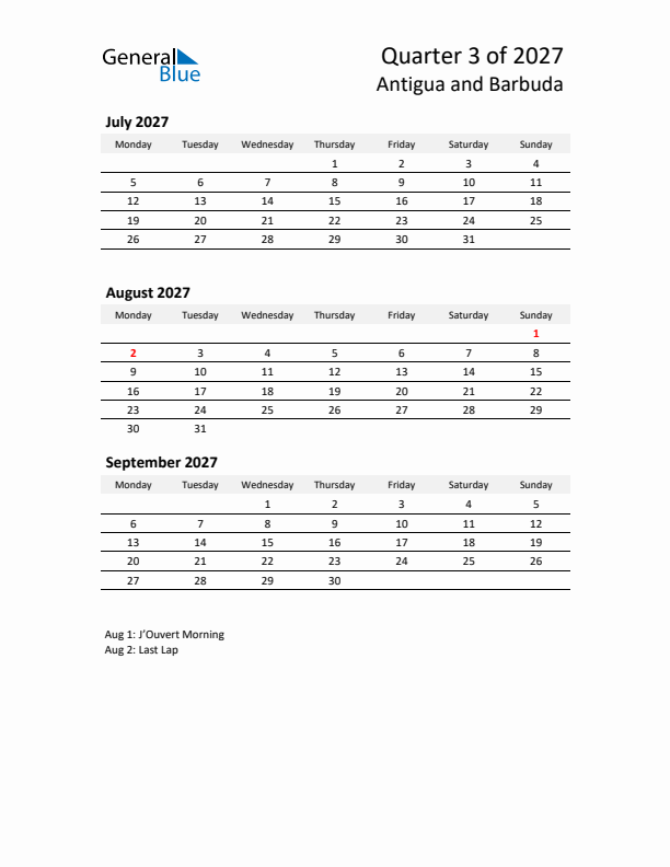 2027 Three-Month Calendar for Antigua and Barbuda