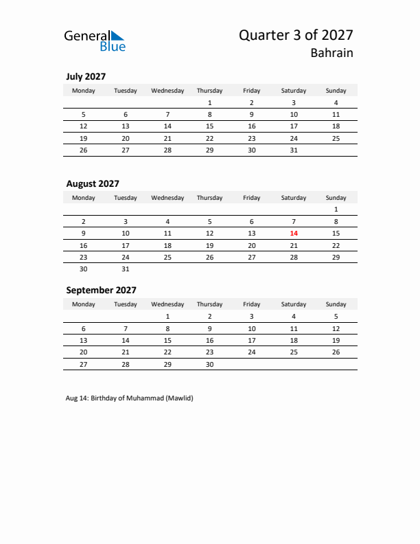 2027 Three-Month Calendar for Bahrain