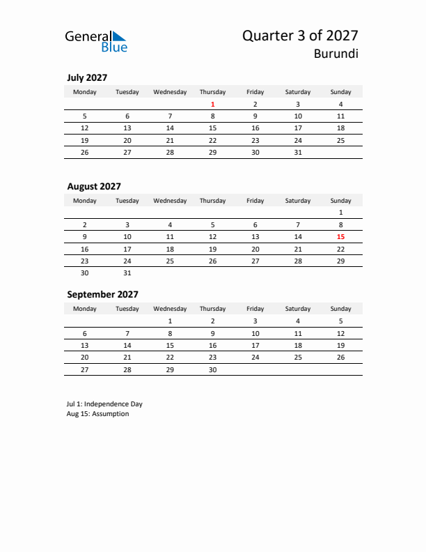 2027 Three-Month Calendar for Burundi