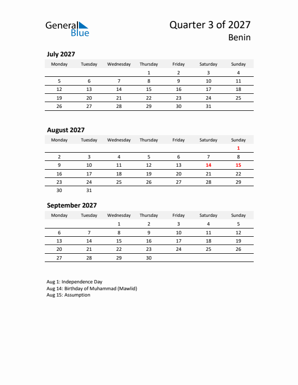 2027 Three-Month Calendar for Benin