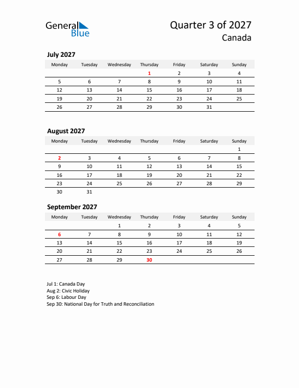 2027 Three-Month Calendar for Canada