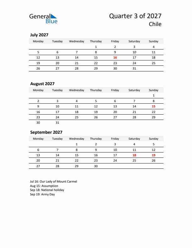 2027 Three-Month Calendar for Chile