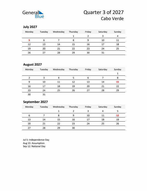 2027 Three-Month Calendar for Cabo Verde