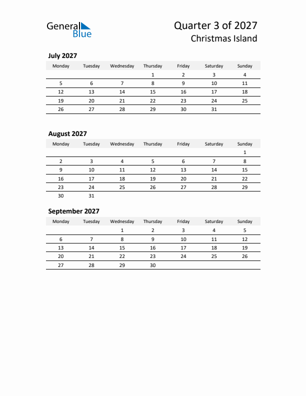 2027 Three-Month Calendar for Christmas Island
