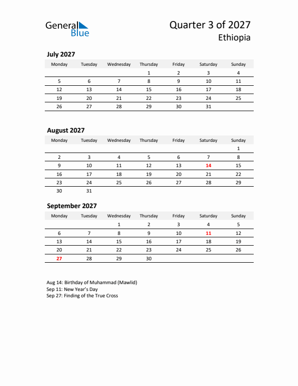 2027 Three-Month Calendar for Ethiopia