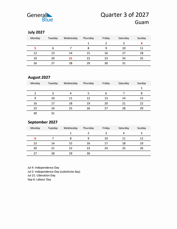 2027 Three-Month Calendar for Guam