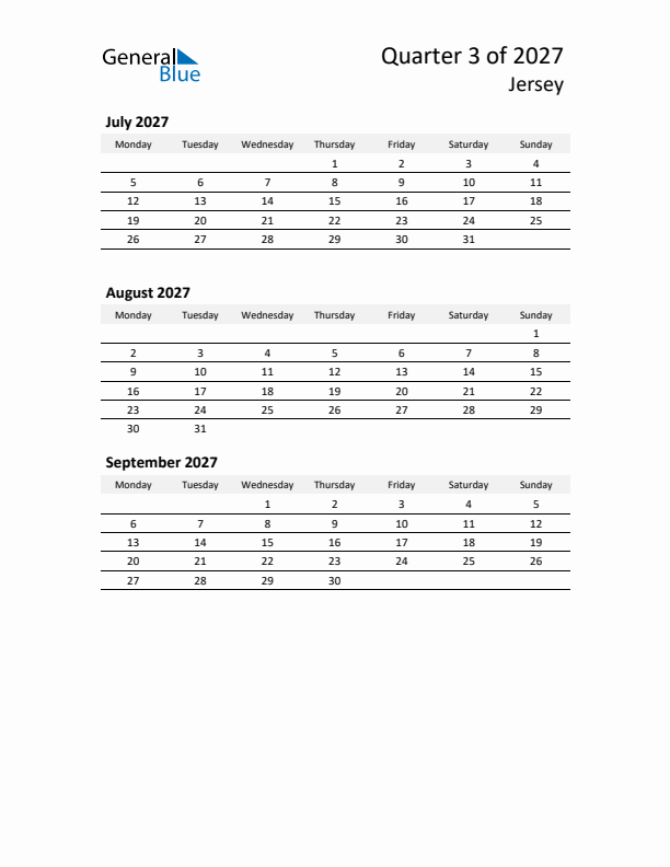 2027 Three-Month Calendar for Jersey
