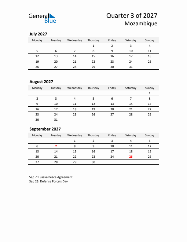 2027 Three-Month Calendar for Mozambique