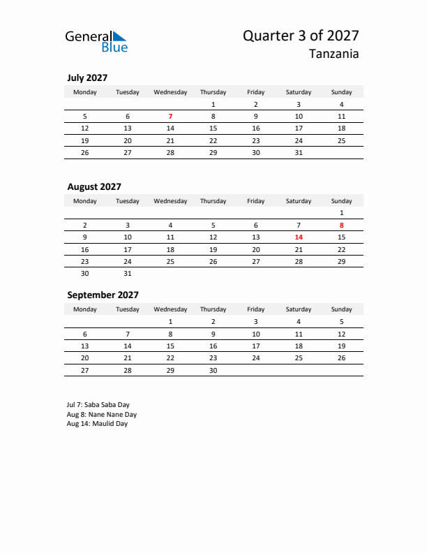 2027 Three-Month Calendar for Tanzania