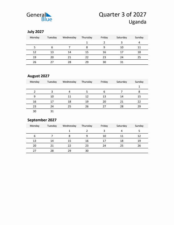 2027 Three-Month Calendar for Uganda