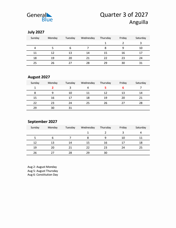 2027 Three-Month Calendar for Anguilla