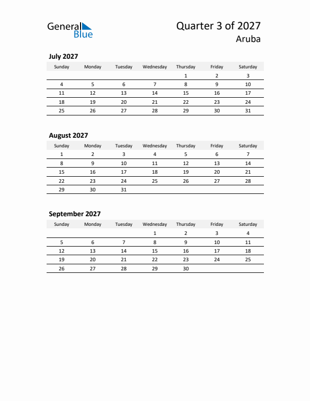 2027 Three-Month Calendar for Aruba