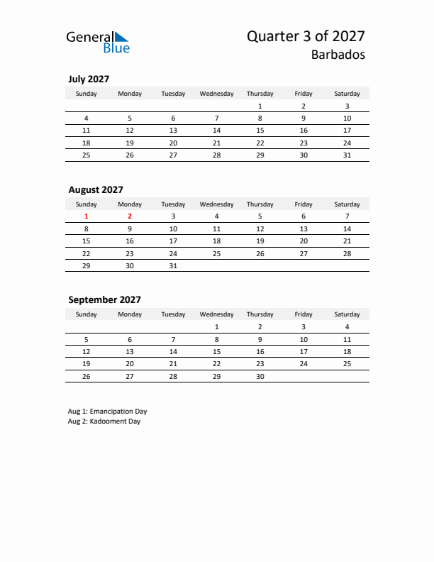 2027 Three-Month Calendar for Barbados