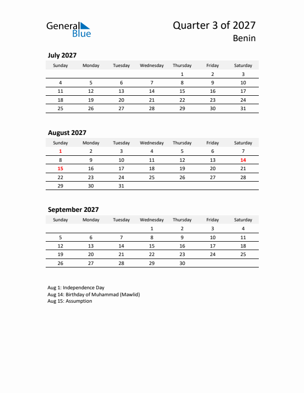 2027 Three-Month Calendar for Benin