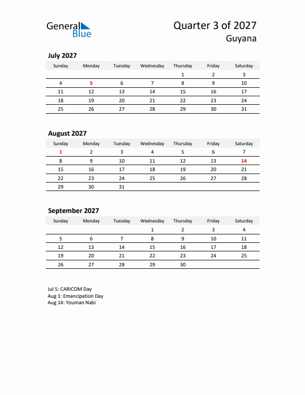 2027 Three-Month Calendar for Guyana