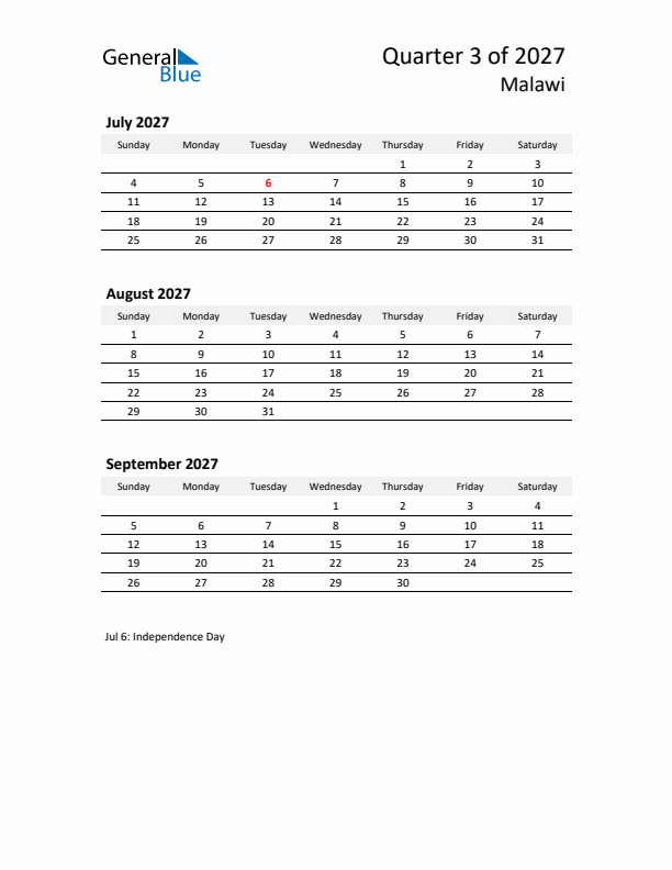 2027 Three-Month Calendar for Malawi