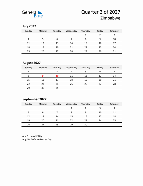 2027 Three-Month Calendar for Zimbabwe