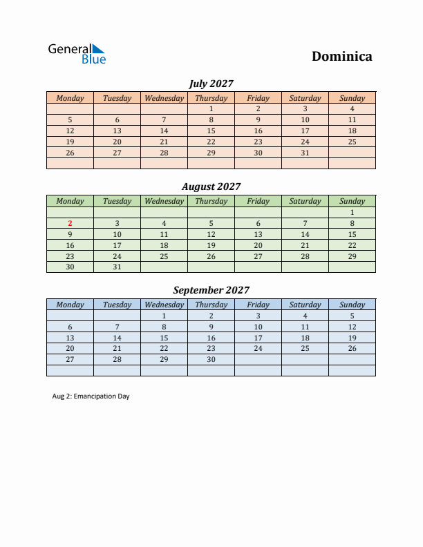 Q3 2027 Holiday Calendar - Dominica