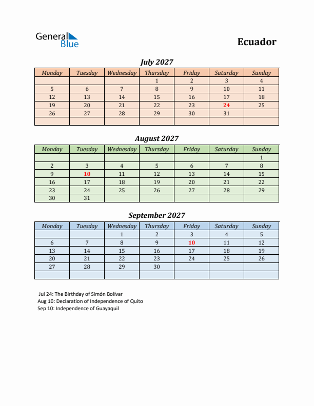 Q3 2027 Holiday Calendar - Ecuador