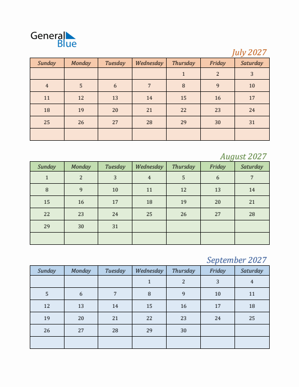 Three-Month Calendar for Year 2027 (July, August, and September)