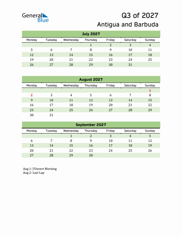 Quarterly Calendar 2027 with Antigua and Barbuda Holidays
