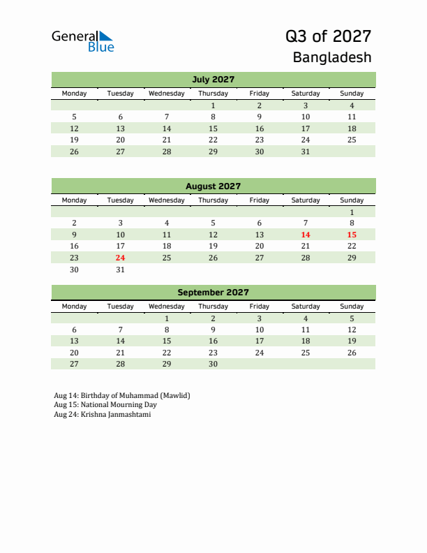 Quarterly Calendar 2027 with Bangladesh Holidays