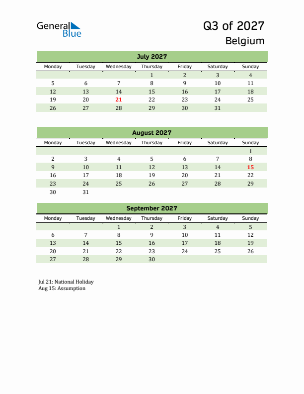 Quarterly Calendar 2027 with Belgium Holidays