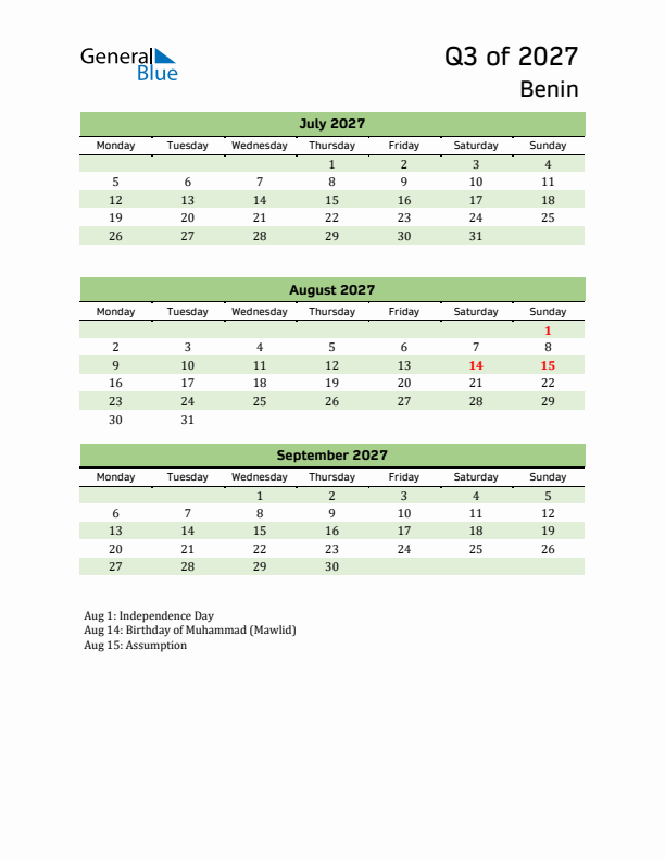 Quarterly Calendar 2027 with Benin Holidays