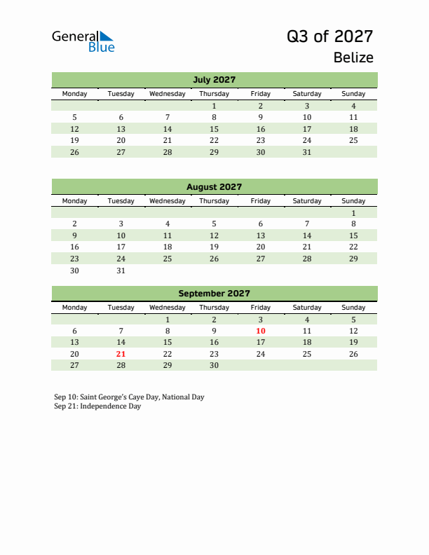 Quarterly Calendar 2027 with Belize Holidays