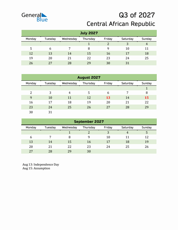 Quarterly Calendar 2027 with Central African Republic Holidays