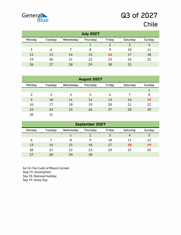 Quarterly Calendar 2027 with Chile Holidays