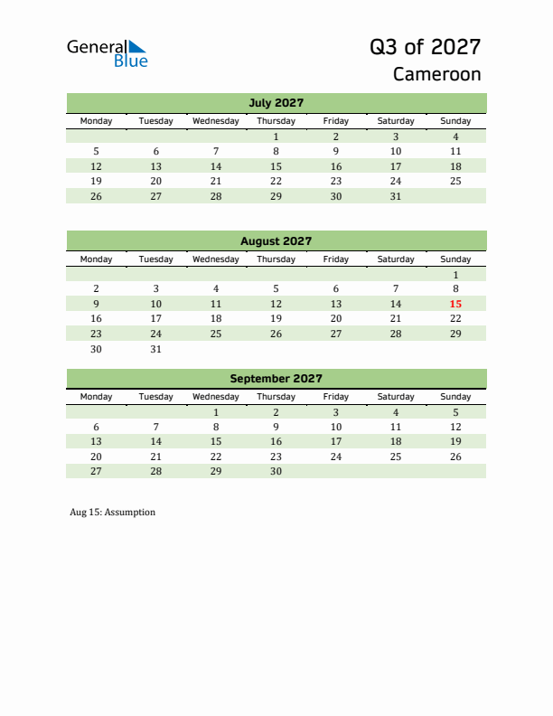 Quarterly Calendar 2027 with Cameroon Holidays