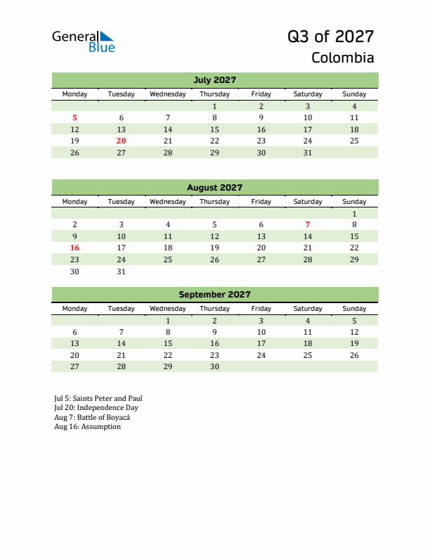 Quarterly Calendar 2027 with Colombia Holidays