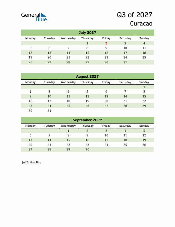Quarterly Calendar 2027 with Curacao Holidays