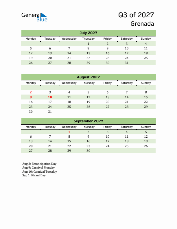 Quarterly Calendar 2027 with Grenada Holidays