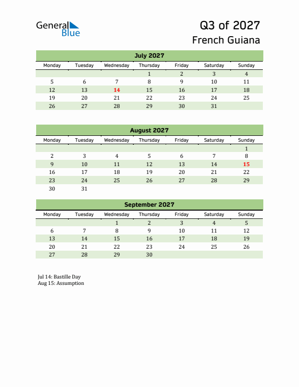 Quarterly Calendar 2027 with French Guiana Holidays
