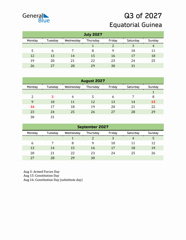 Quarterly Calendar 2027 with Equatorial Guinea Holidays