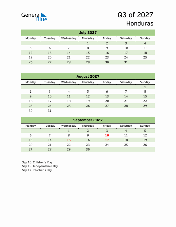 Quarterly Calendar 2027 with Honduras Holidays