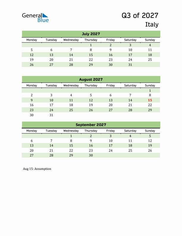Quarterly Calendar 2027 with Italy Holidays