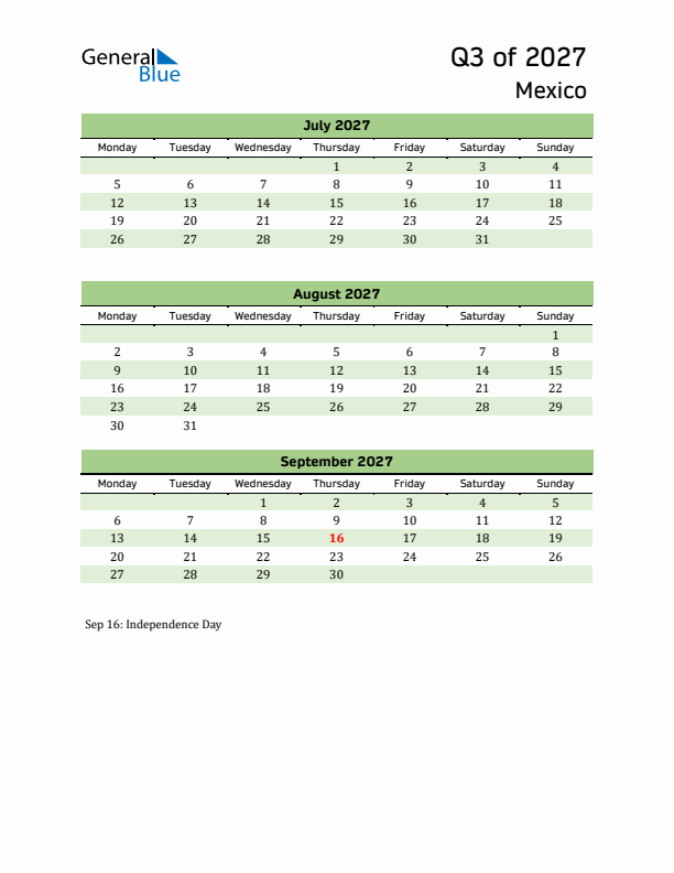 Quarterly Calendar 2027 with Mexico Holidays