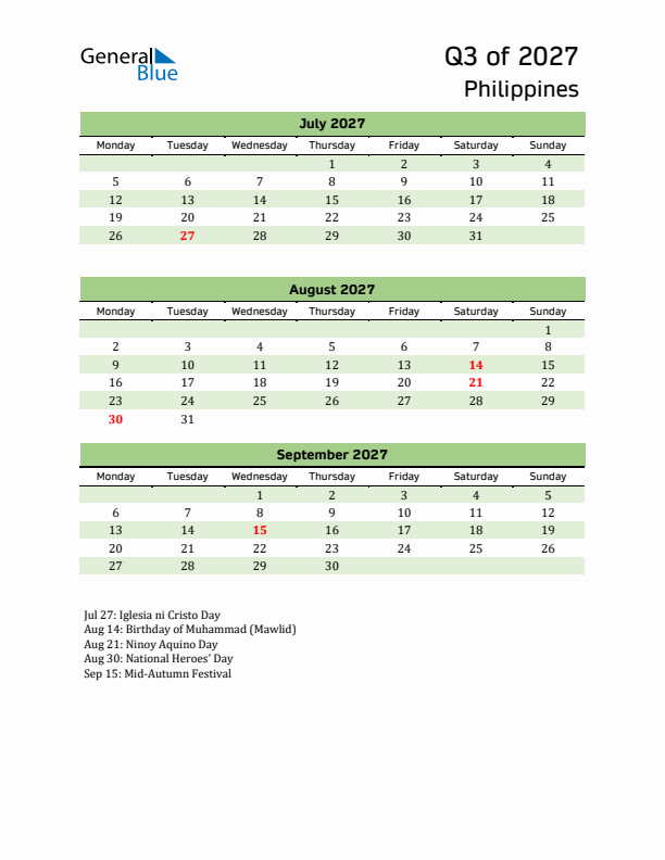 Quarterly Calendar 2027 with Philippines Holidays