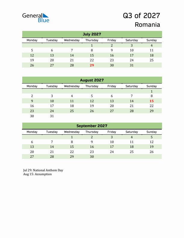 Quarterly Calendar 2027 with Romania Holidays