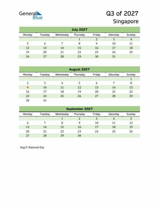 Quarterly Calendar 2027 with Singapore Holidays