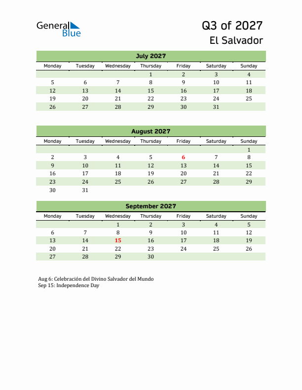 Quarterly Calendar 2027 with El Salvador Holidays