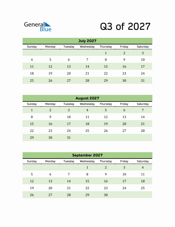 Printable Quarterly Calendar (Q3 2027)