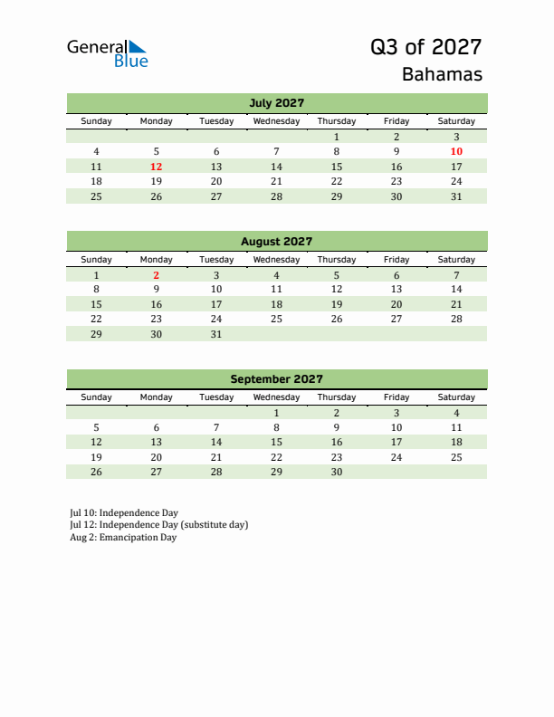 Quarterly Calendar 2027 with Bahamas Holidays