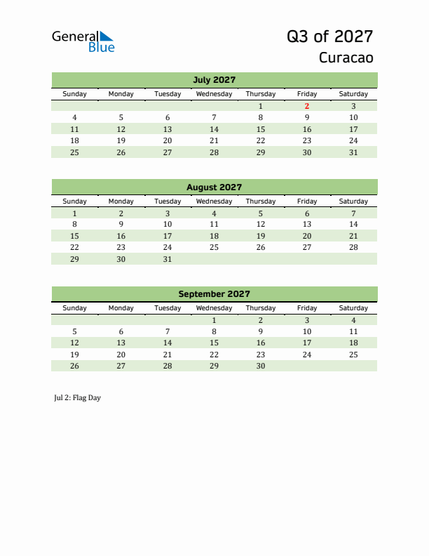 Quarterly Calendar 2027 with Curacao Holidays