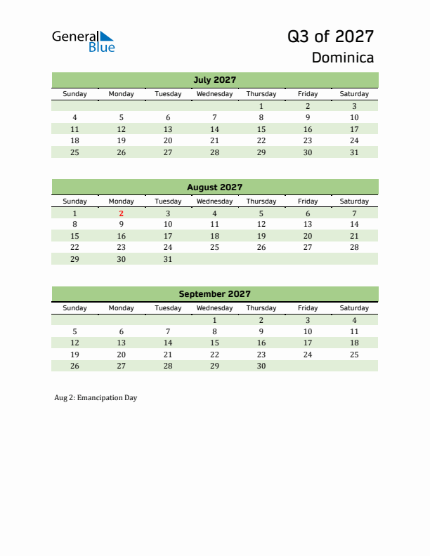 Quarterly Calendar 2027 with Dominica Holidays